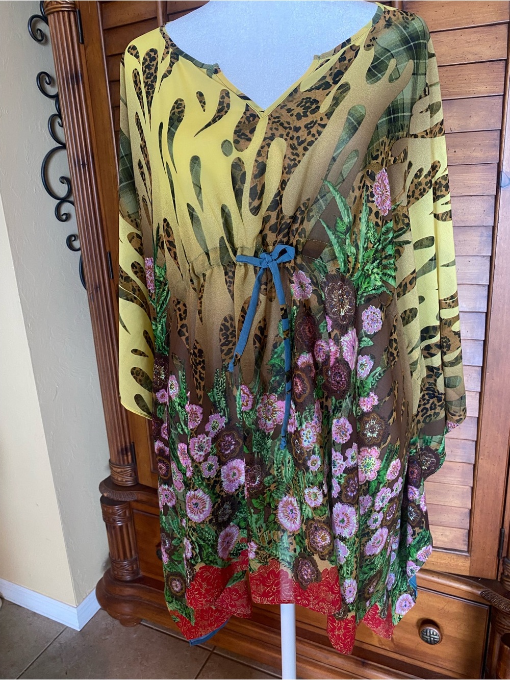 Twenty Floral & Animal-Print V-Neck Tunic in Yellow, Brown, Green, Pink